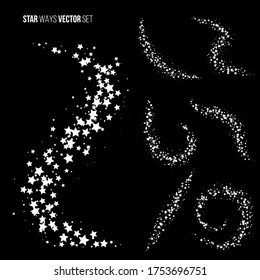 White star ways vector illustrations set. Shimmering clouds with stars isolated on black background. Magic stardust backdrops. Abstract sparkling vortex. Fairy glowing whirl creative wallpapers