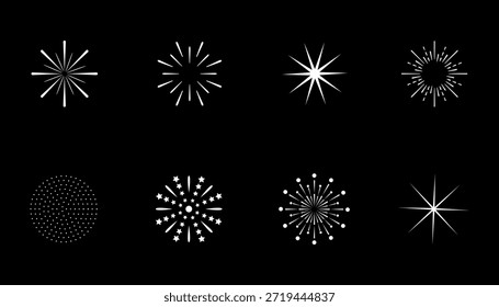 Iconos de estelada blanca y fuegos artificiales sobre fondo negro. estallidos abstractos.