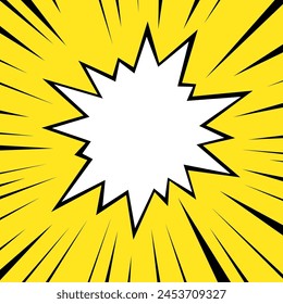 Un estallido blanco enmarcado por líneas negras dinámicas, todo ello sobre un fondo amarillo juguetón, evoca la energía de las explosiones de arte pop.