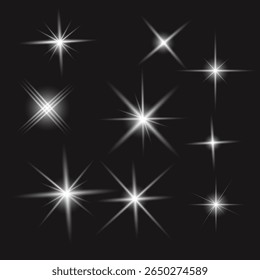  white starburst icon with sparkles. simple shining star symbol isolated on black background. vector illustration of star set on white background.,