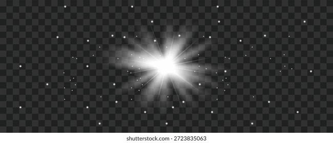 Weißer Sternzeichen-Lichteffekt mit brillanten leuchtenden Strahlen und fliegenden Funken auf transparentem Hintergrund, Vektorgrafik