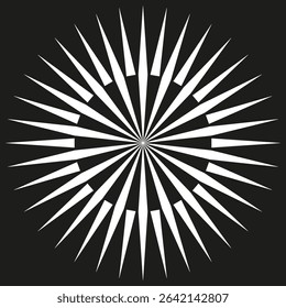 White starburst shape. Black background contrast. Sharp spiked symbol. Radial vector burst.