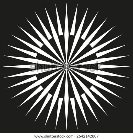 White starburst shape. Black background contrast. Sharp spiked symbol. Radial vector burst.