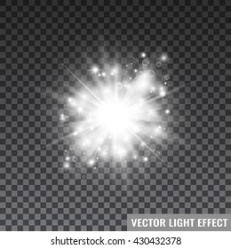 White starlight on transparent background. Flares, sparkles. Light effect. Vector illustration.