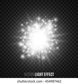 White starlight on transparent background. Flares, sparkles. Light effect. Vector illustration.