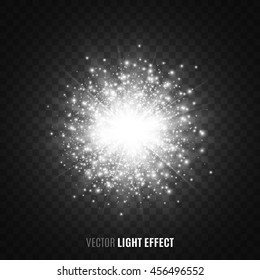 White starlight on transparent background. Flares, sparkles. Light effect. Glowing particles. Glittering lights. Vector illustration.