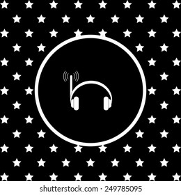 White stars and a white circle on a black background. Headphones. Musical accessories running through wi-fi network,  vector illustration, EPS 10