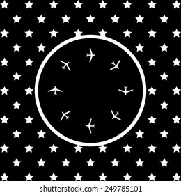 White stars and a white circle on a black background. Fashion Icon Aircraft, vector illustration, EPS 10