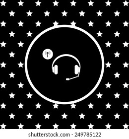White stars and a white circle on a black background. Headphones. Musical accessories running through wi-fi network,  vector illustration, EPS 10
