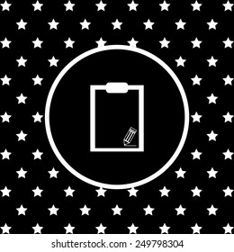White stars and a white circle on a black background. tablet with paper, vector illustration, EPS 10