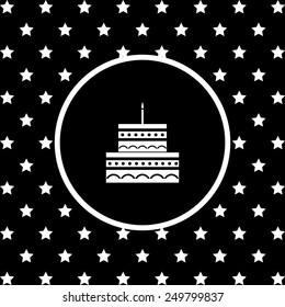 White stars and a white circle on a black background. birthday cake icon. Vector illustration, EPS 10