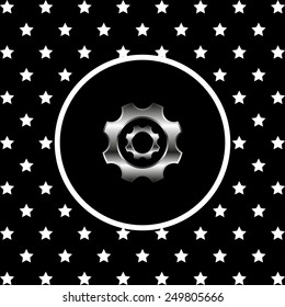 White stars and a white circle on a black background. Cog Settings , vector illustration, EPS 10