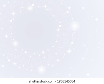 The white stars are connected to each other by thin lines to form a circle. Sparkling dots of a digital network organization on a light background. Simple pattern design template.