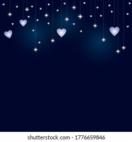 White stars and hearts with lights on strings hang on a dark blue background, small hearts randomly scattered.