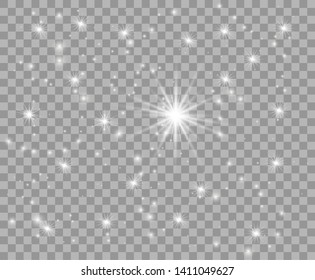 White stars, luminous dust, particles. The light of the falling particles, specks. Christmas vector overlay design element on isolated transparent background.