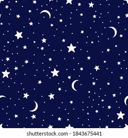 White stars and moons on the blue background. Seamless vector illustration. Use for printing, posters, T-shirts, textile drawing, wrapping, print pattern. Other stars backgrounds in my collection.