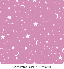 White stars and moons on the pink background. Seamless vector illustration. Use for printing, posters, T-shirts, textile drawing, wrapping, print pattern. Other stars backgrounds in my collection.