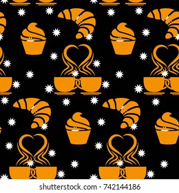White stars on a black background. Pattern. Background texture. cakes, ice cream, coffee, croissant.
