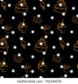 White stars on a black background. Pattern. Background texture. cakes, ice cream, coffee, croissant.