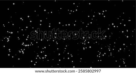 White stars on a black background. Glittering stars at night. Stars shining in sky. Background with white glow stars