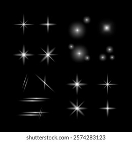 White stars on black. Bright glowing lights. Abstract sparkle vector. Nighttime graphic elements