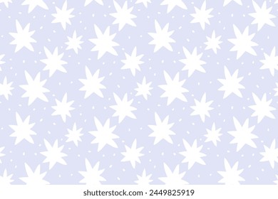 White stars on blue paper background, seamless texture for gift wrapping, abstract childish starry vetor graphic pattern.