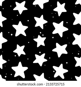 White stars on a dark background. Children's space drawing. Wall art. Print for wallpaper, tablecloths, bedding or children's clothes. Endless space or starry sky 