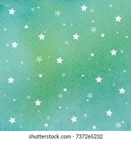 White stars on green watercolor background. Background texture.