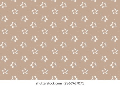 White stars on kraft paper background, seamless texture for gift wrapping, abstract childish starry vetor graphic pattern.