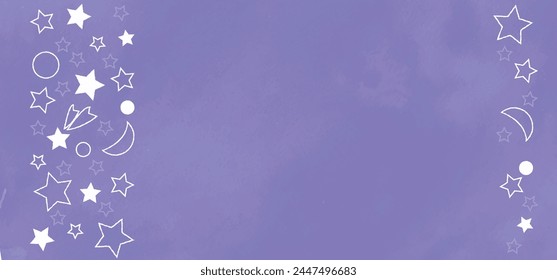 White stars planets moon comet vector design. Violet watercolor banner. Galactic cosmo card. Night sky invitation.