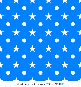 White stars and white polka dots on a blue background. Seamless pattern for fabrics, products, decorating, wallpaper, wrapping paper.