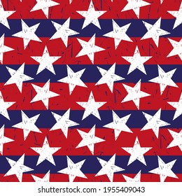 White stars and red stripes isolated on blue background. Cute starry seamless pattern. Vector simple flat graphic hand drawn illustration. Texture.