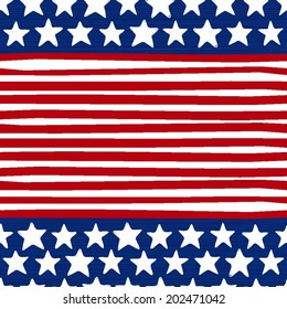 White stars in regular horizontal rows on dark blue background with red white horizontal stripes seasonal holiday patriotic american seamless pattern