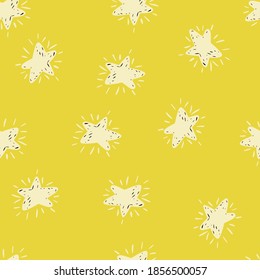 White stars silhouettes seamless hand drawn pattern. Yellow background. Cosmic backdrop. Perfect for wallpaper, textile, wrapping paper, fabric print. Vector illustration.