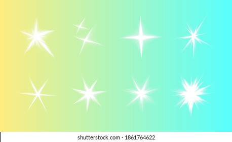 White stars sparkling vector set. Glowing celestial stars, fireworks, shimmering decoration, sparkling flash, sparkler, holiday garland. Isolated objects.
