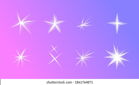 White stars sparkling vector set. Glowing celestial stars, fireworks, shimmering decoration, sparkling flash, sparkler, holiday garland. Isolated objects.