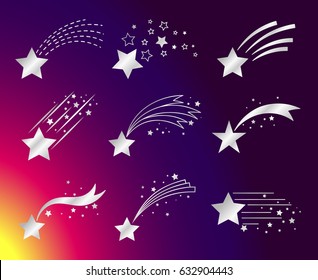 White stars with tails or falling comets on colorful background. Vector illustration