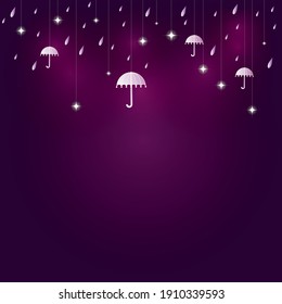 White stars and umbrellas with lights on strings hang on a violet background, small raindrops randomly scattered.