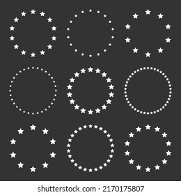 White stars of various sizes arranged in a circle. Round frame, border. Black star outline, simple symbol. Design element, ornament. Line art. Vector illustration