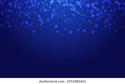 White Stars Vector Blue Background. Silver Xmas Snowflake Wallpaper. Shine Flake Illustration. Glitter Dots Postcard.