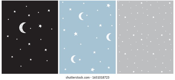 White Stars and Vector Illustration and Patterns. Irregular Hand Drawn Simple Starry Sky Print.Infantile Style Galaxy Design. Little Stars Isolated on a Gray, Blue and Black Background. 