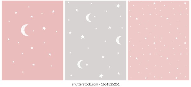 White Stars and Vector Illustration and Patterns. Irregular Hand Drawn Simple Starry Sky Print. Infantile Style Galaxy Design. Little Stars Isolated on a Light Gray and Light Pink Background. 