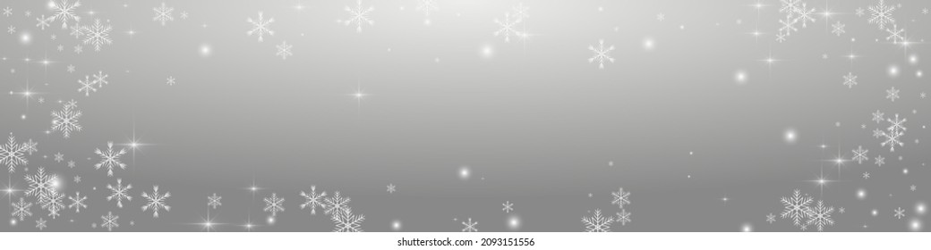 White Stars Vector Panoramic Transparent Background. Grey Festive Snow Wallpaper. Glow Snowflake Card. Christmas Snowstorm Invitation.