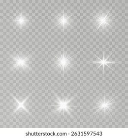 White star-sun light with glowing rays and radiant flashes. A high-quality vector illustration featuring bright white light particles, glitter effects, and shimmering sunbursts. 
