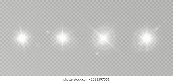 White star-sun light with glowing rays and radiant flashes. A high-quality vector illustration featuring bright white light particles, glitter effects, and shimmering sunbursts. 