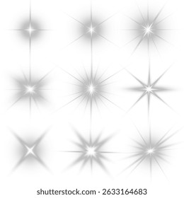 White star-sun light with glowing rays and radiant flashes. A high-quality vector illustration featuring bright white light particles, glitter effects, and shimmering sunbursts. 