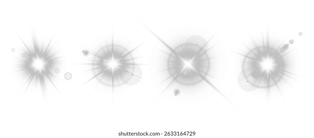 White star-sun light with glowing rays and radiant flashes. A high-quality vector illustration featuring bright white light particles, glitter effects, and shimmering sunbursts. 