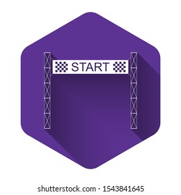 White Starting line icon isolated with long shadow. Start symbol. Purple hexagon button. Vector Illustration