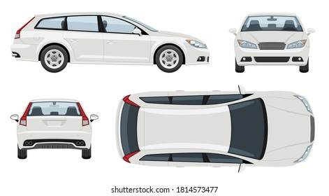 White station wagon car vector template with simple colors without gradients and effects. View from side, front, back, and top