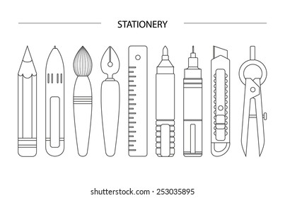 white stationary set on white background, line art of stationary set, header